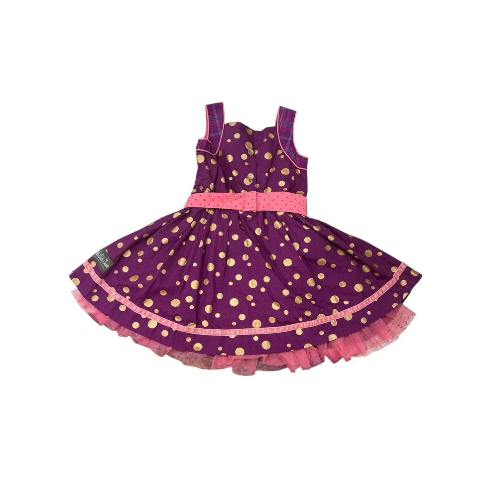 Matilda Jane Plum Gold Polka Dot Plaid Belted Dress With Tulle & Pockets Girls 6